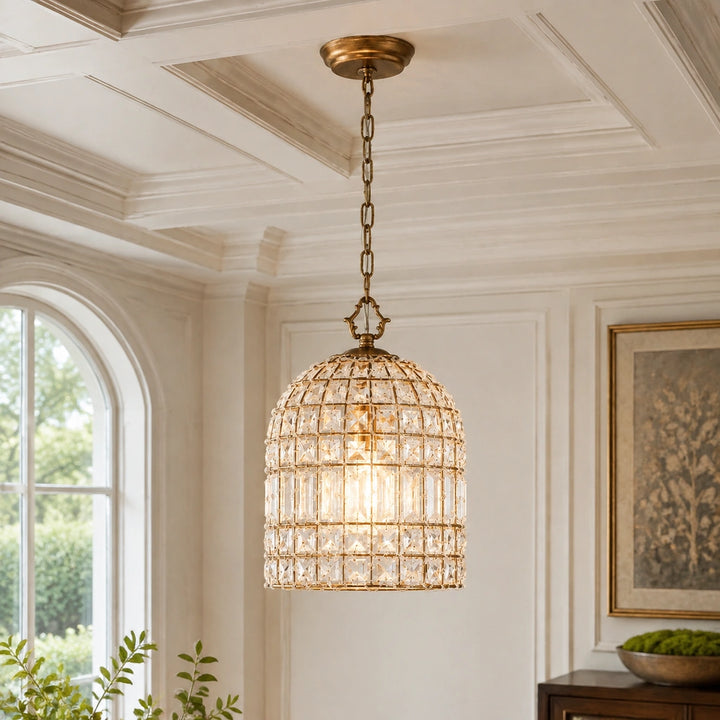 Voss French Antique Brass Crystal Birdcage Dome Chandelier