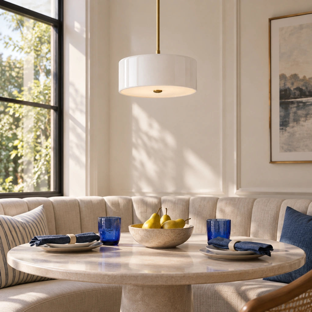 Emery Modern Glass Drum Pendant Light - White small - breakfast nook lifestyle view - small-white-close
