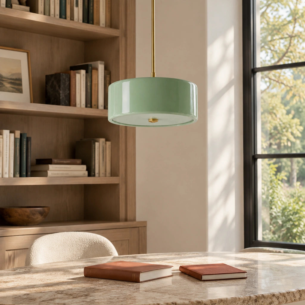 Emery Modern Glass Drum Pendant Light - Green small - home library reading table lifestyle view - small-green-close