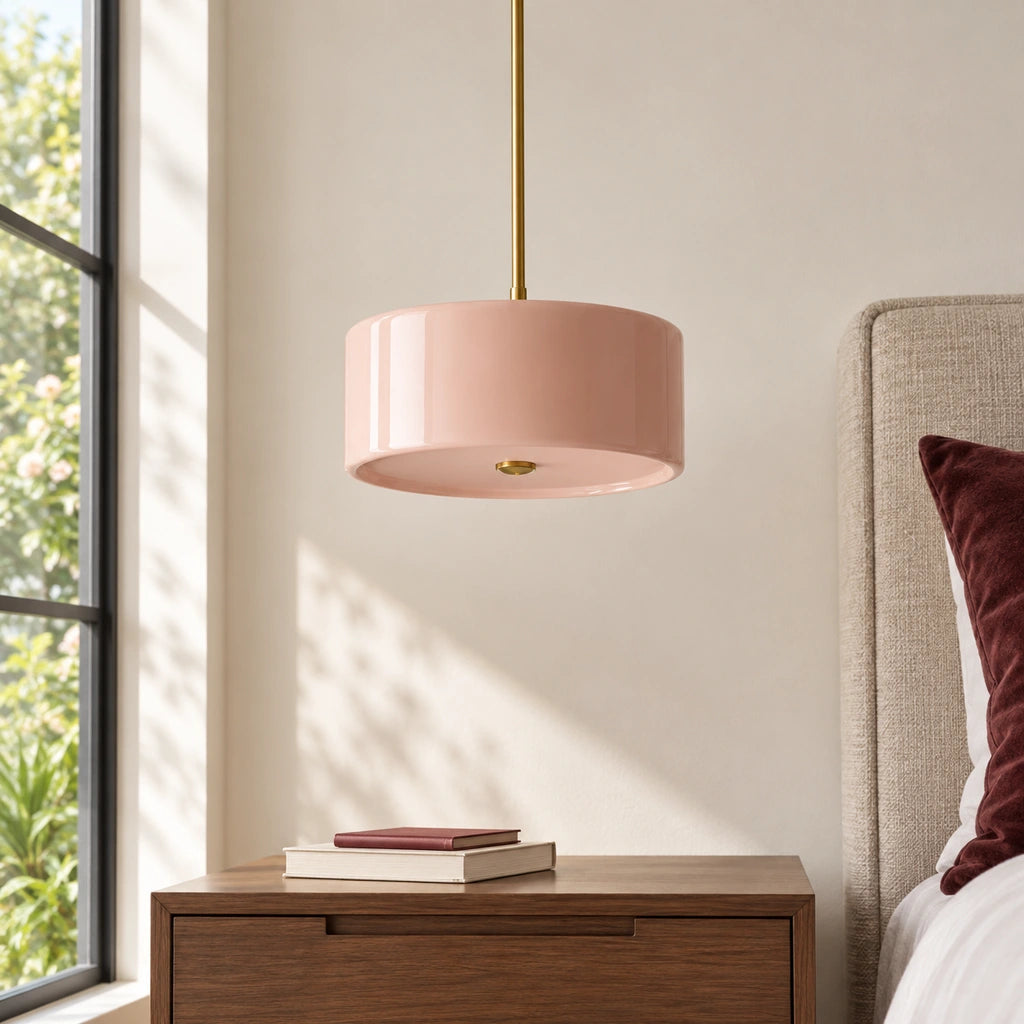 Emery Modern Glass Drum Pendant Light - Pink small - bedside table lifestyle view - small-pink-close
