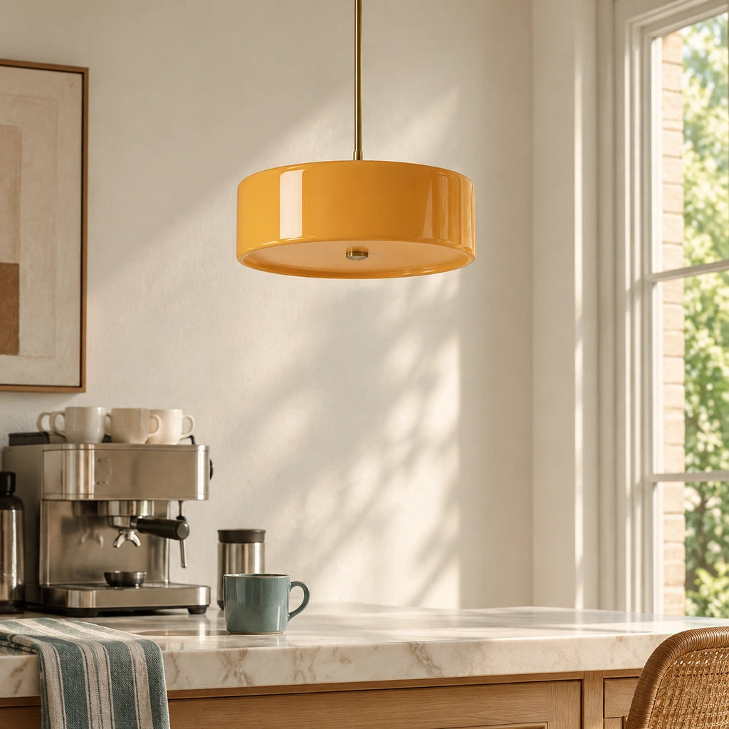 Emery Modern Glass Drum Pendant Light - Orange large - coffee station counter lifestyle view - large-orange-close