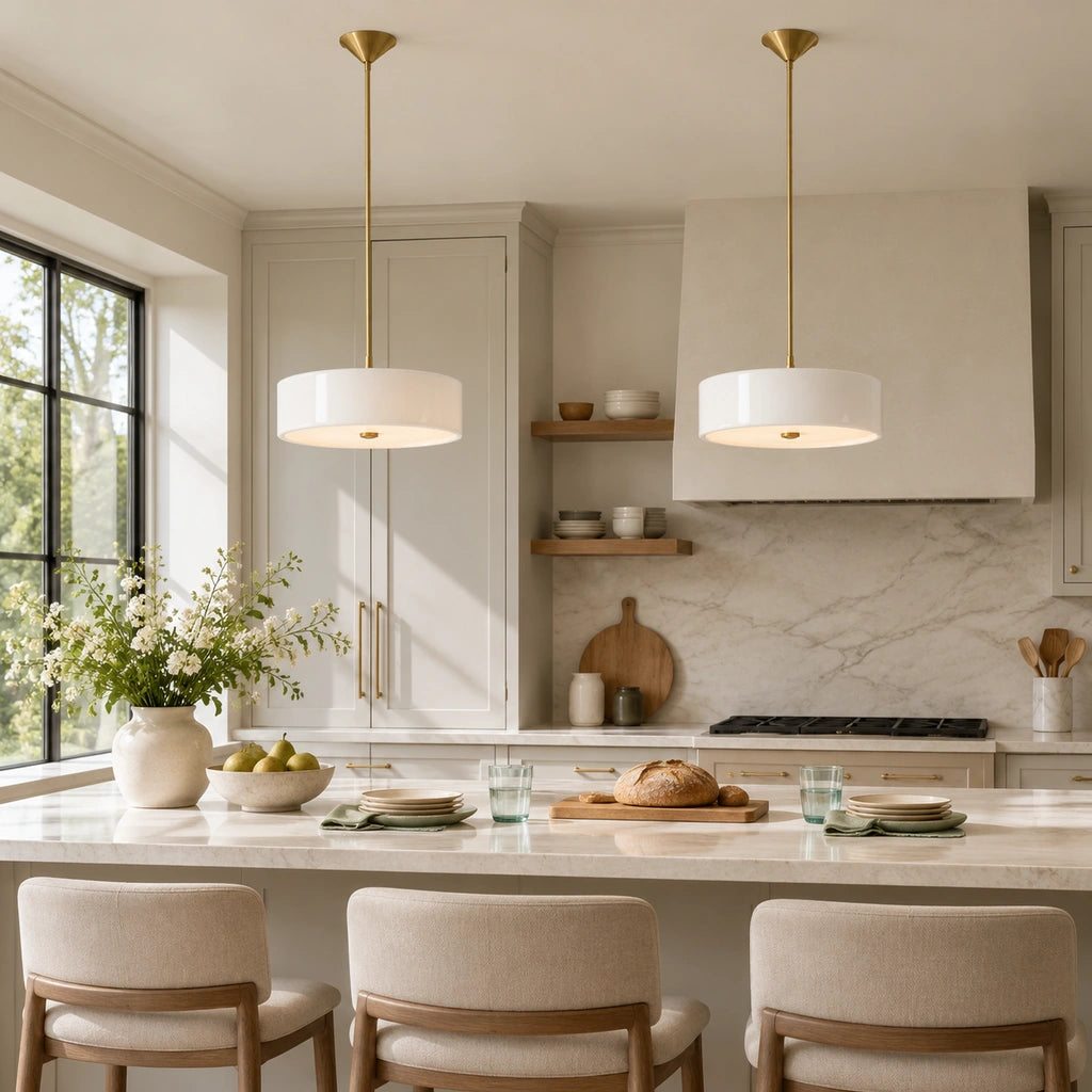 Emery Modern Glass Drum Pendant Light - White large - kitchen island lifestyle view - large-white-medium