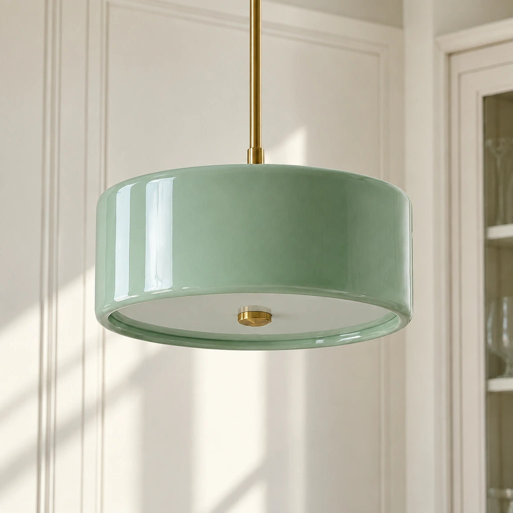 Emery Modern Glass Drum Pendant Light - Green small - glass drum shade in a residential setting - small-green-hero