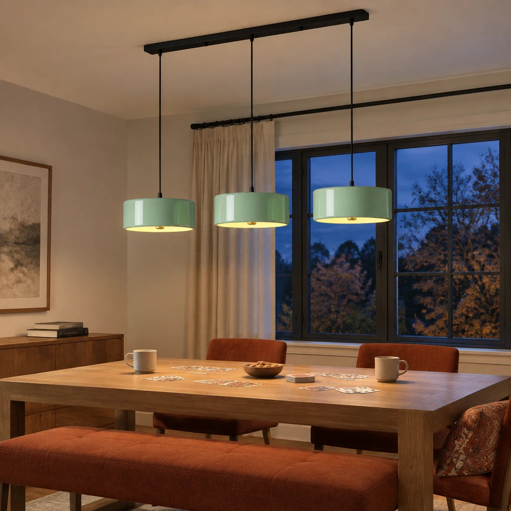 Emery Modern Glass Drum Pendant Light - Green triple - family games table lifestyle view - triple-green-night