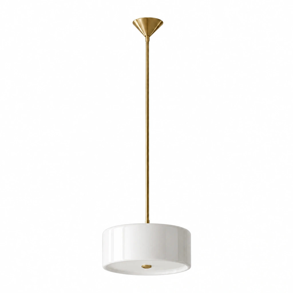 Emery Modern Glass Drum Pendant Light - White small - unlit fixture on white background - small-white-white