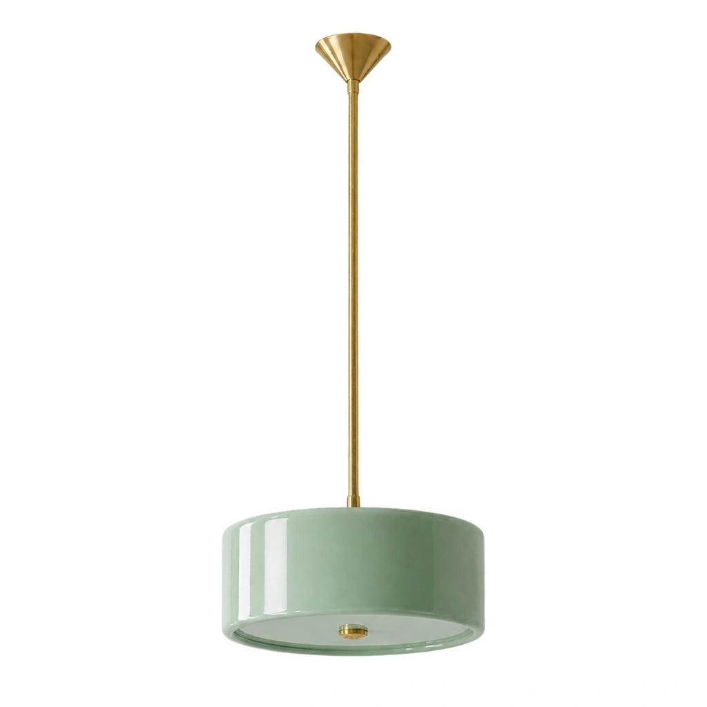 Emery Modern Glass Drum Pendant Light - Green small - unlit fixture on white background - small-green-white
