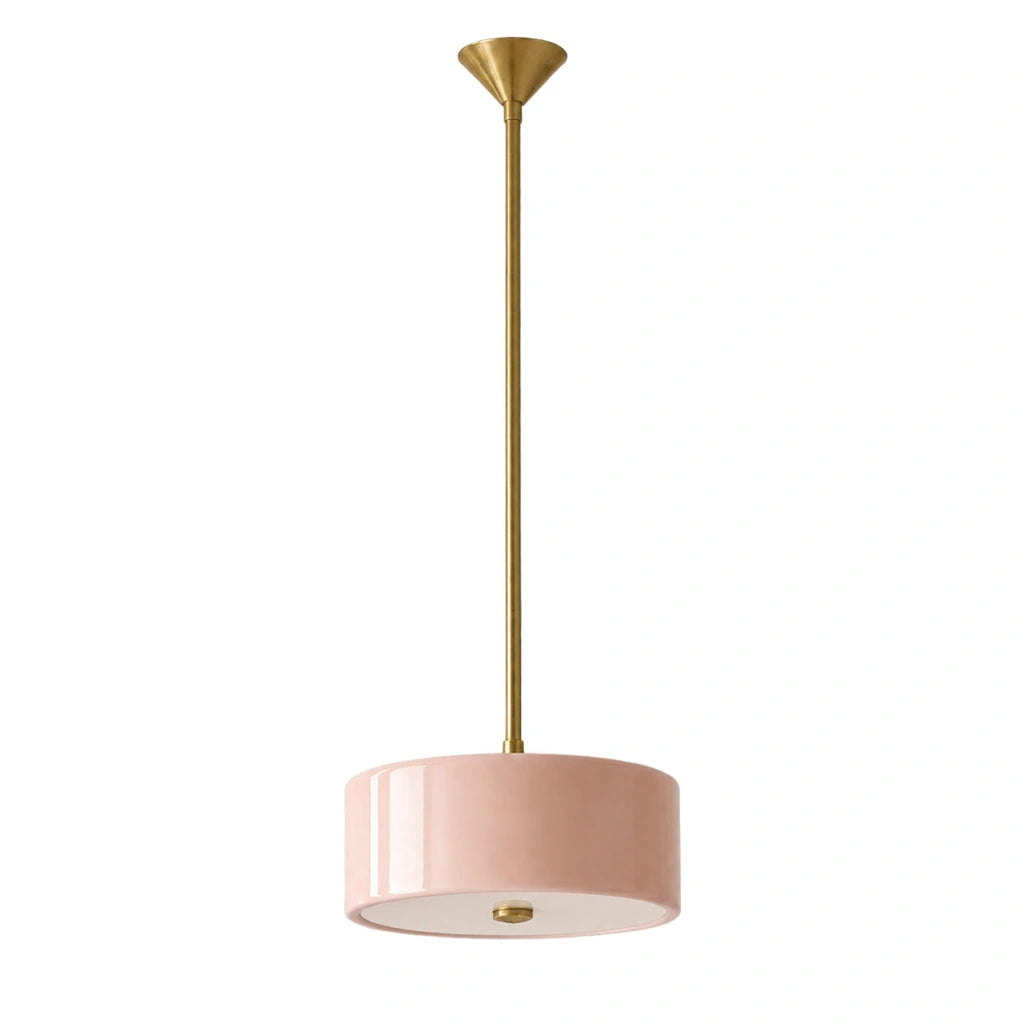 Emery Modern Glass Drum Pendant Light - Pink small - unlit fixture on white background - small-pink-white