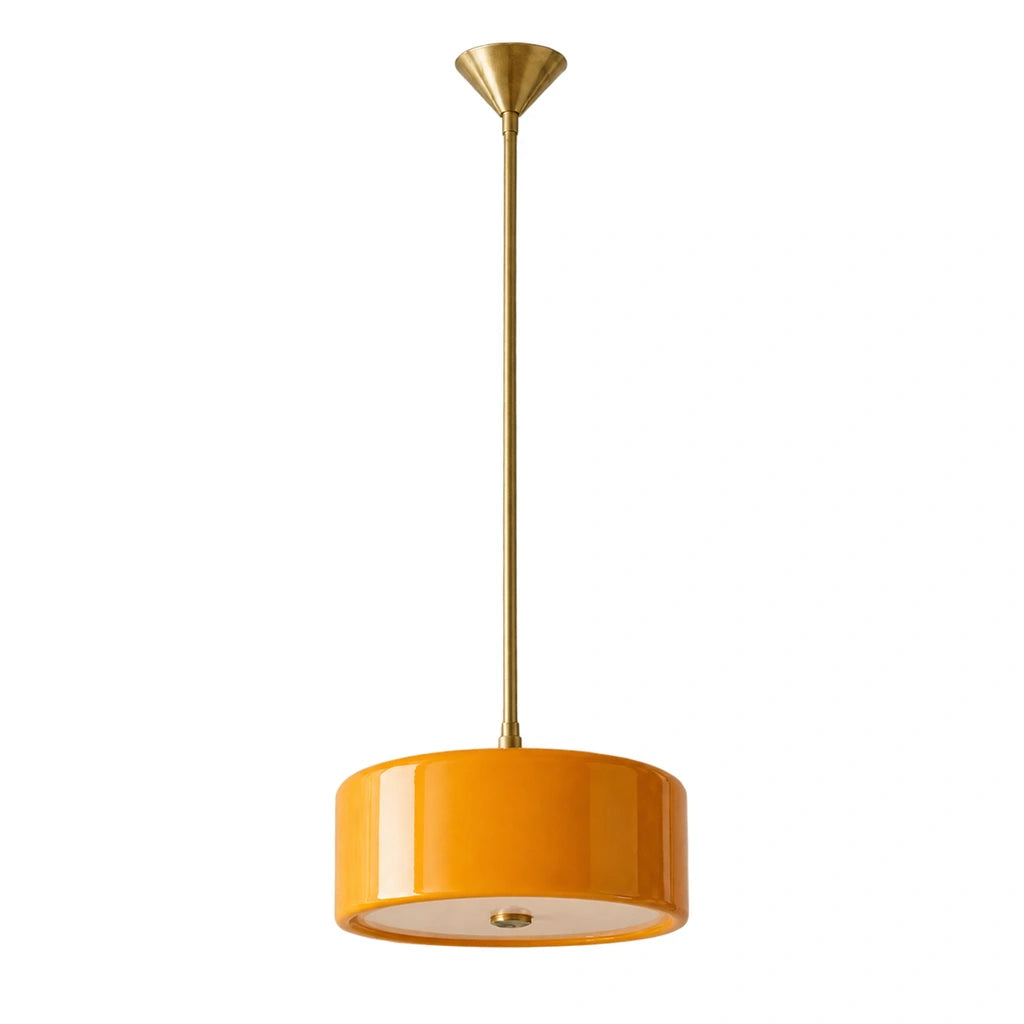 Emery Modern Glass Drum Pendant Light - Orange small - unlit fixture on white background - small-orange-white