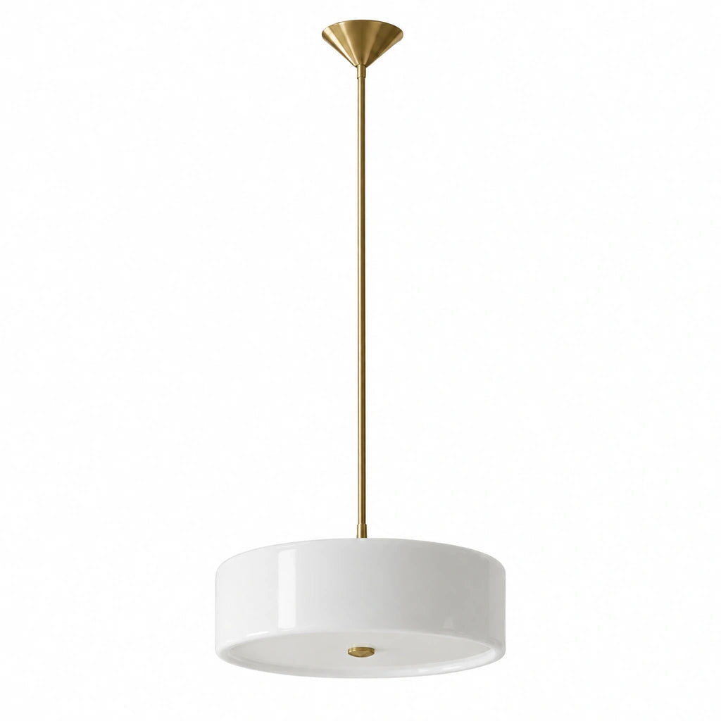 Emery Modern Glass Drum Pendant Light - White large - unlit fixture on white background - large-white-white