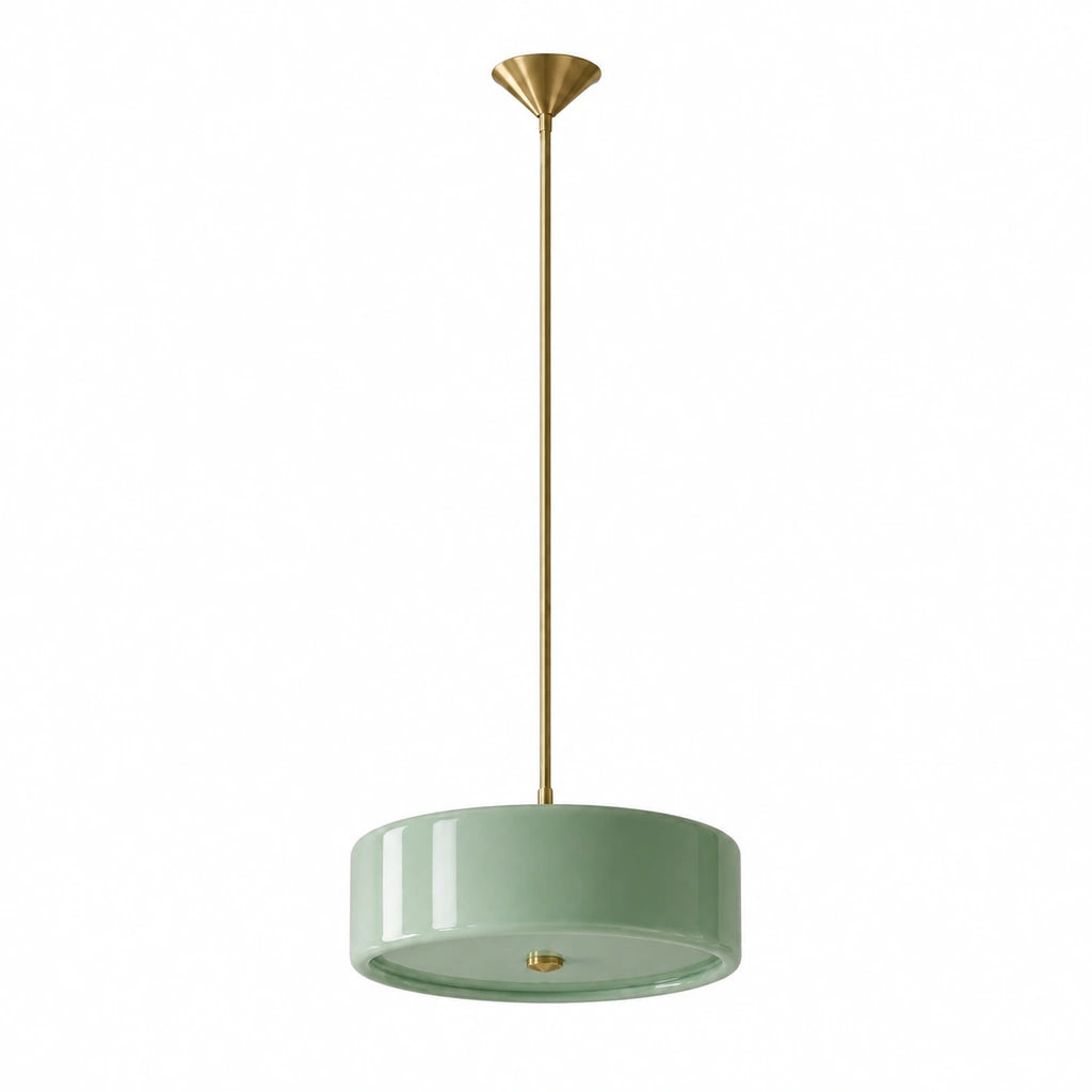 Emery Modern Glass Drum Pendant Light - Green large - unlit fixture on white background - large-green-white