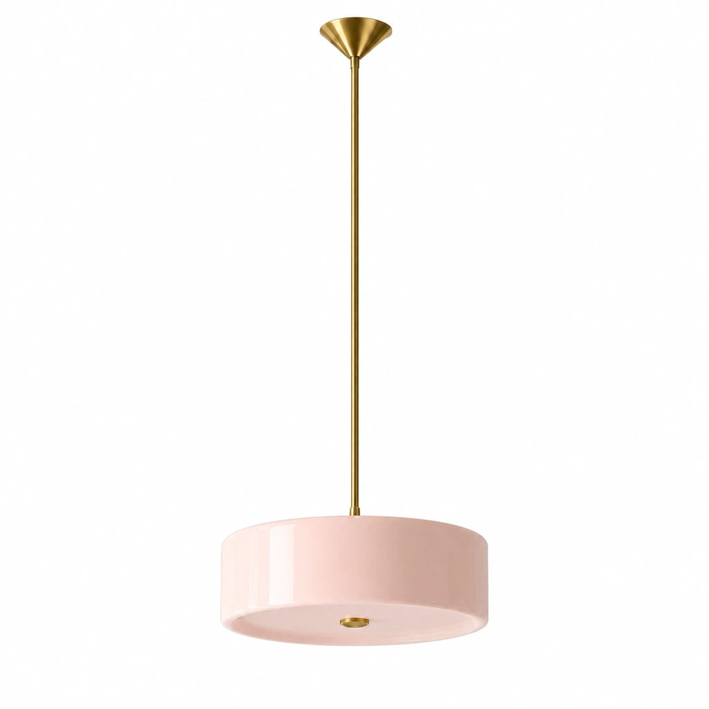 Emery Modern Glass Drum Pendant Light - Pink large - unlit fixture on white background - large-pink-white