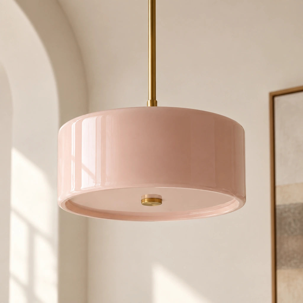 Emery Modern Glass Drum Pendant Light - Pink small - glass drum shade in a residential setting - small-pink-hero