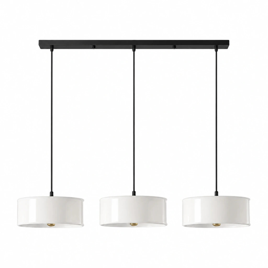 Emery Modern Glass Drum Pendant Light - White triple - unlit fixture on white background - triple-white-white