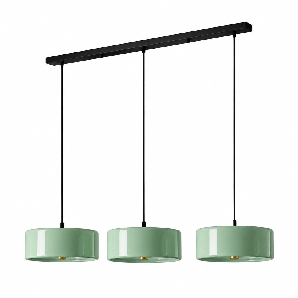 Emery Modern Glass Drum Pendant Light - Green triple - unlit fixture on white background - triple-green-white