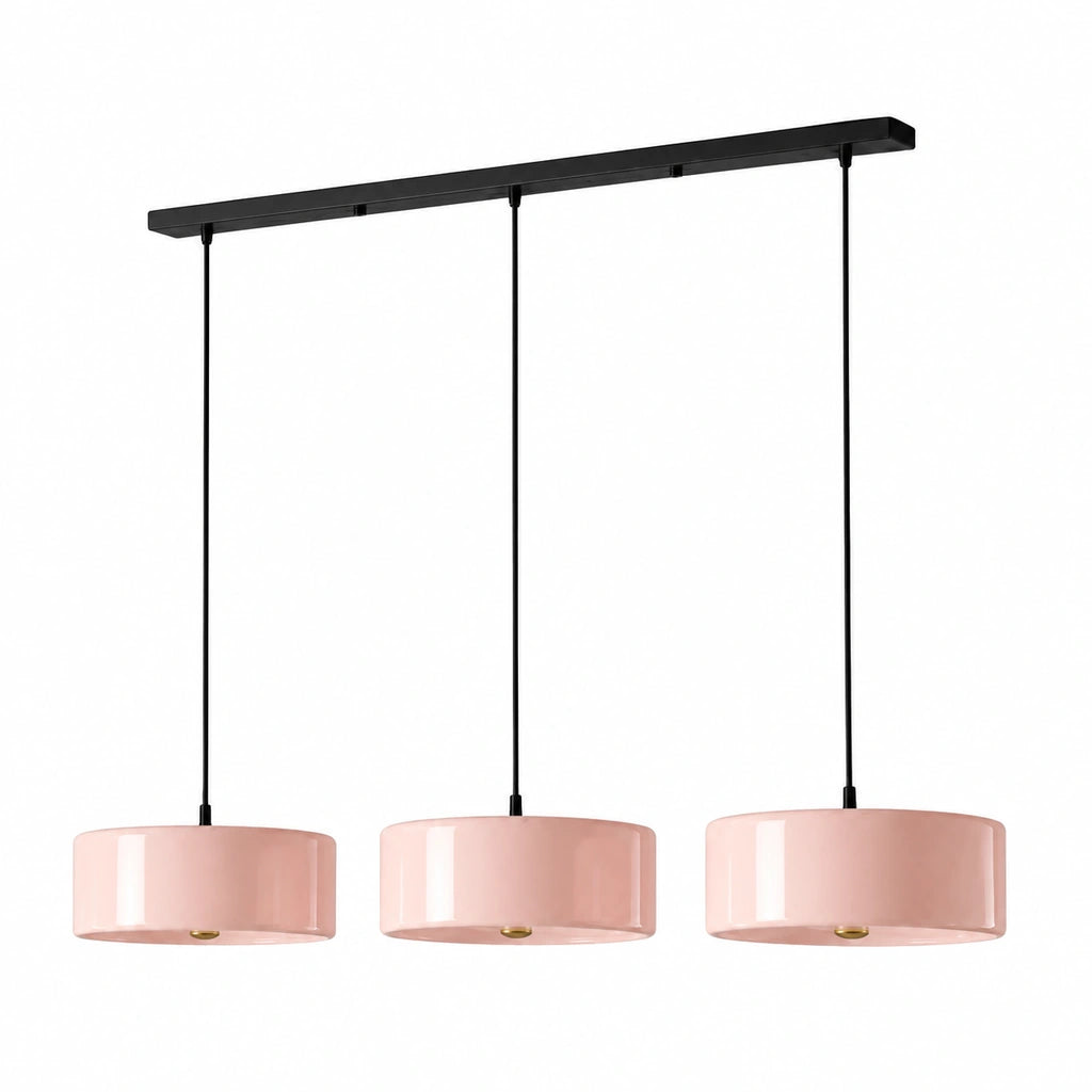 Emery Modern Glass Drum Pendant Light - Pink triple - unlit fixture on white background - triple-pink-white