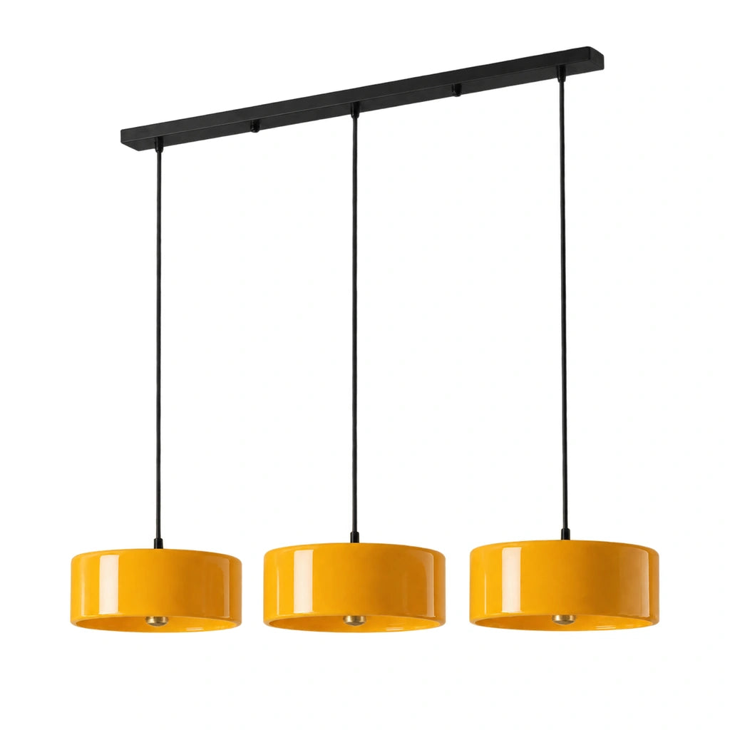 Emery Modern Glass Drum Pendant Light - Orange triple - unlit fixture on white background - triple-orange-white