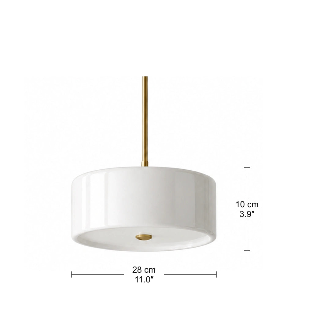 Emery Modern Glass Drum Pendant Light - small centimeter and inch dimensions for shade body