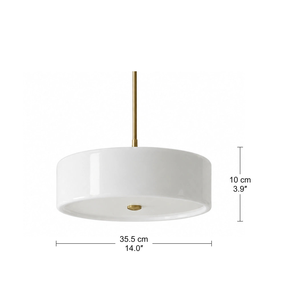 Emery Modern Glass Drum Pendant Light - large centimeter and inch dimensions for shade body