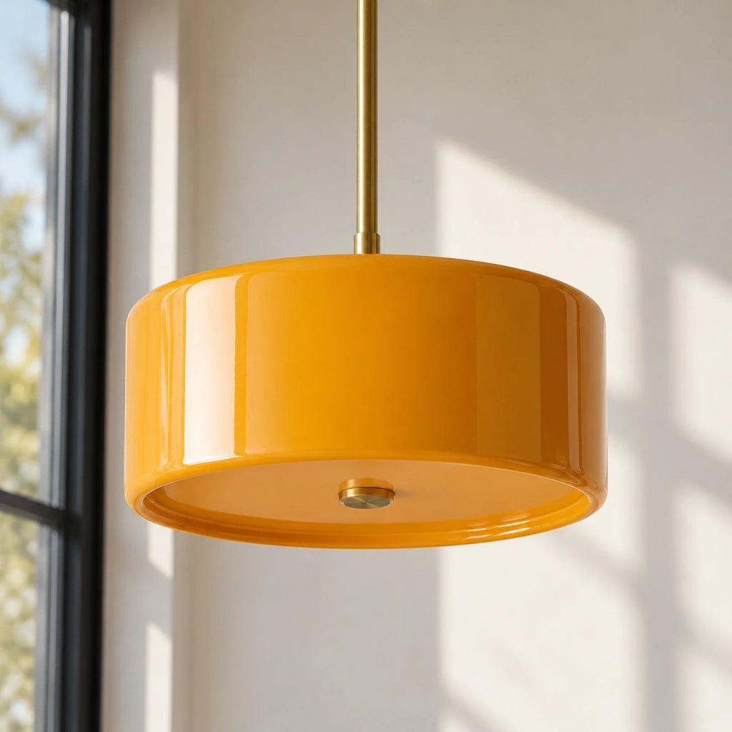 Emery Modern Glass Drum Pendant Light - Orange small - glass drum shade in a residential setting - small-orange-hero