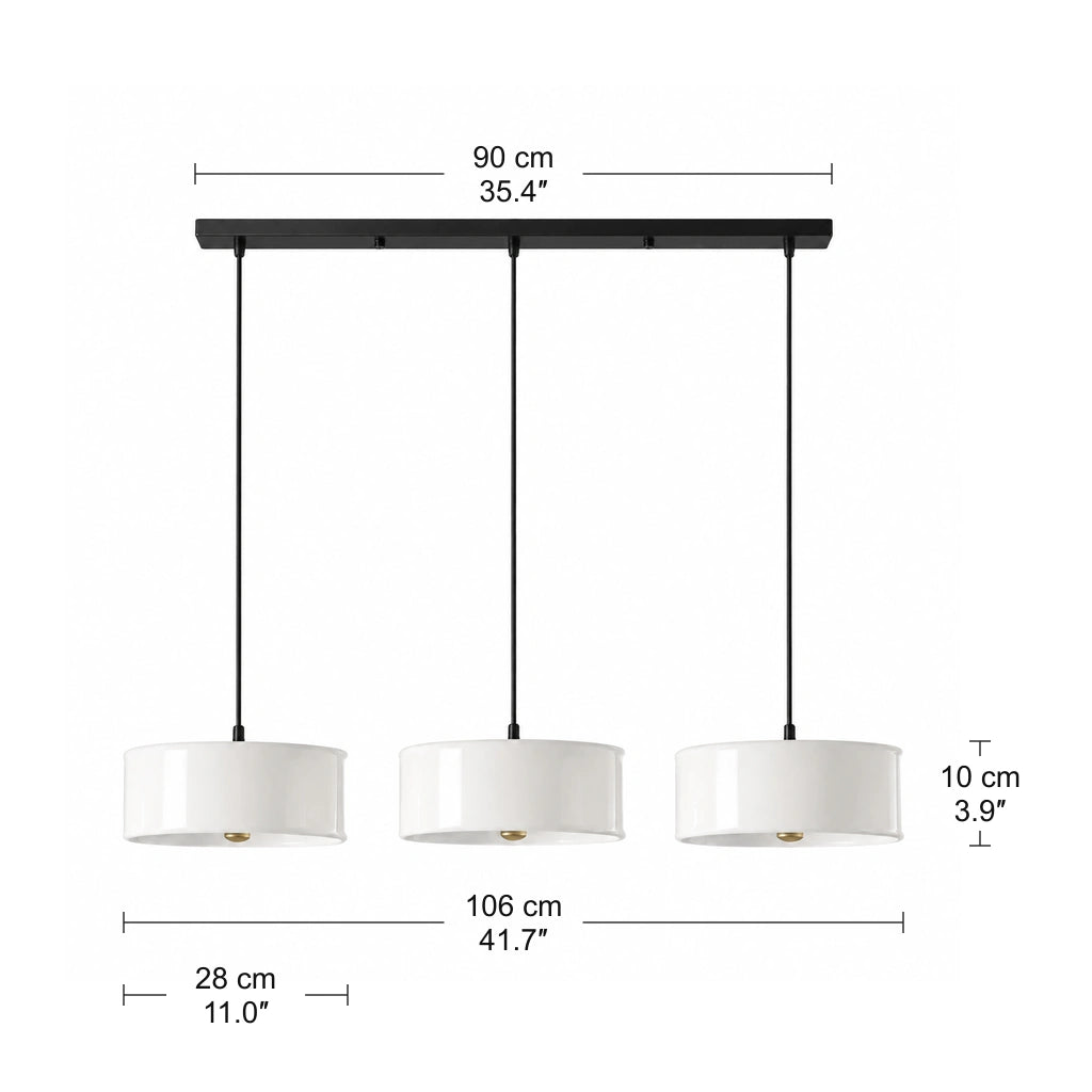 Emery Modern Glass Drum Pendant Light - triple centimeter and inch dimensions for shade body and canopy bar
