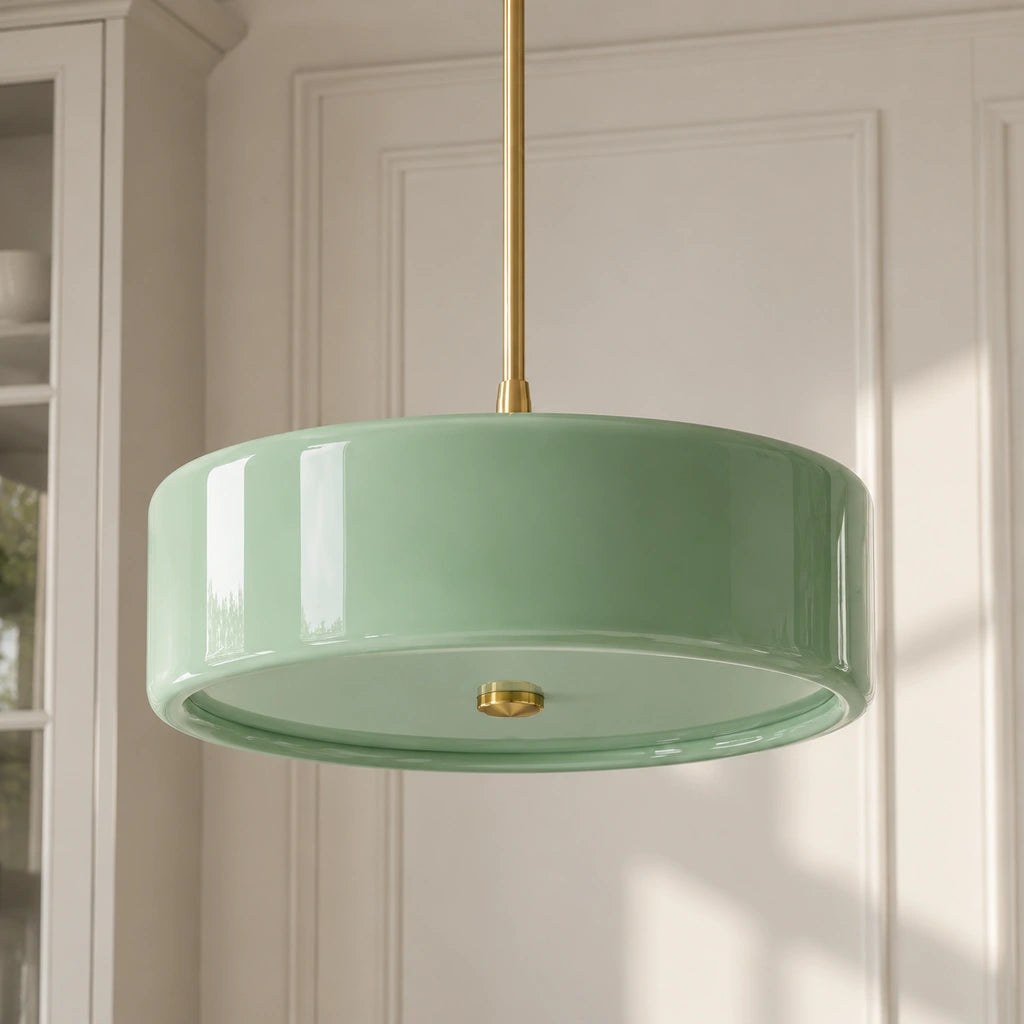 Emery Modern Glass Drum Pendant Light - Green large - glass drum shade in a residential setting - large-green-hero