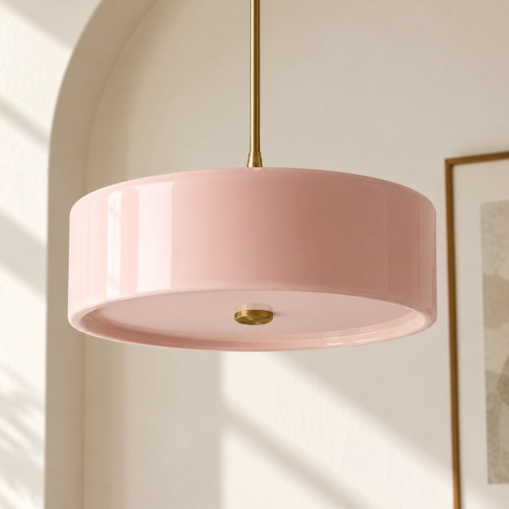 Emery Modern Glass Drum Pendant Light - Pink large - glass drum shade in a residential setting - large-pink-hero