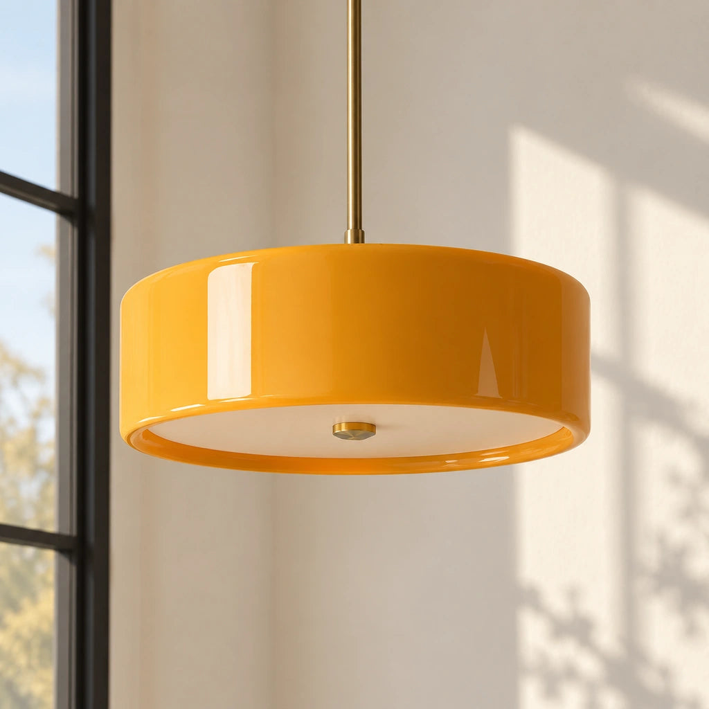 Emery Modern Glass Drum Pendant Light - Orange large - glass drum shade in a residential setting - large-orange-hero