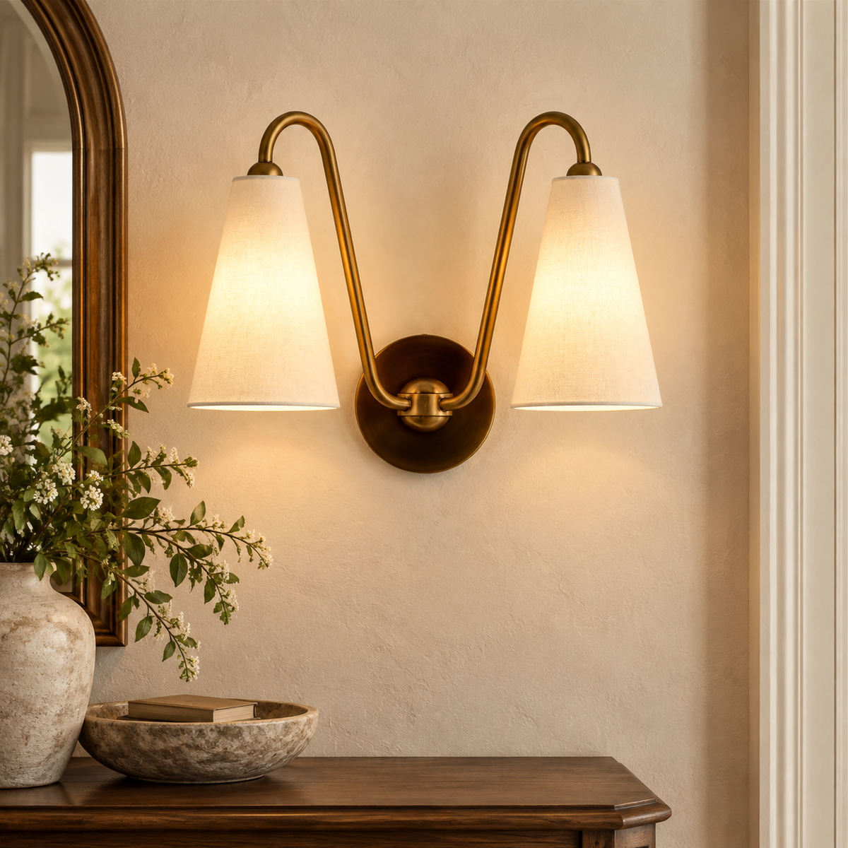 Everton Brass Double Wall Sconce Light, White Linen, installed SKU view