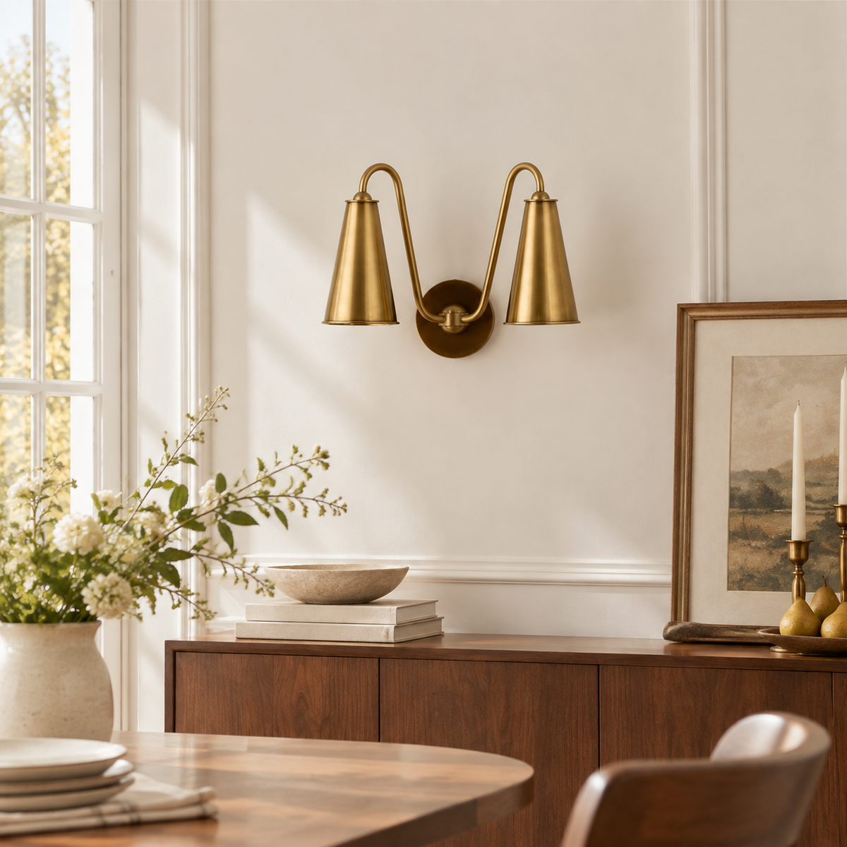 Everton Brass Double Wall Sconce Light, Brass Metal, close installed view