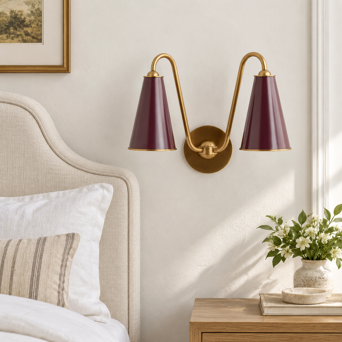 Everton Brass Double Wall Sconce Light, Aubergine Metal, close installed view