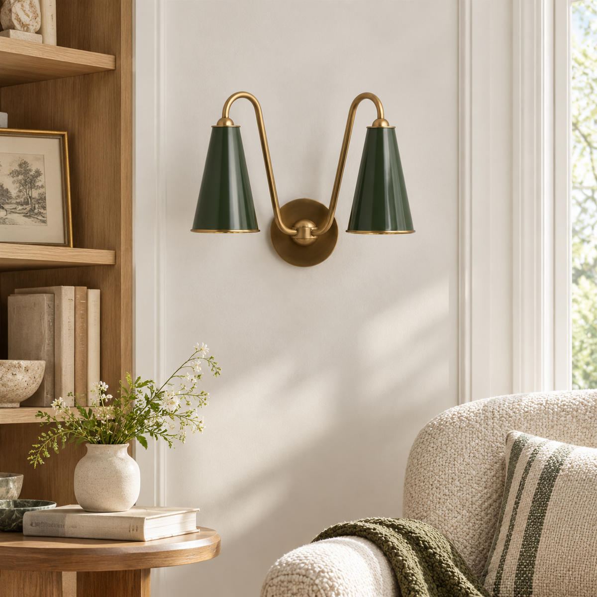 Everton Brass Double Wall Sconce Light, Green Metal, close installed view