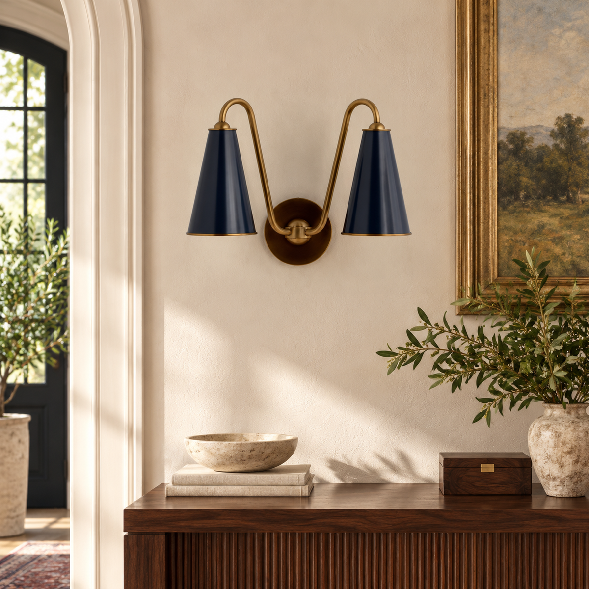 Everton Brass Double Wall Sconce Light, Navy Metal, close installed view