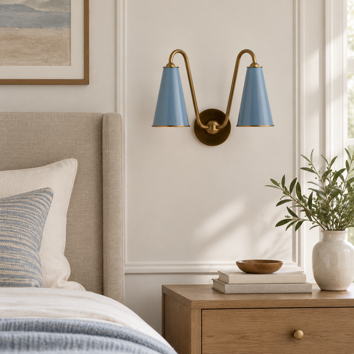 Everton Brass Double Wall Sconce Light, Light Blue Metal, close installed view
