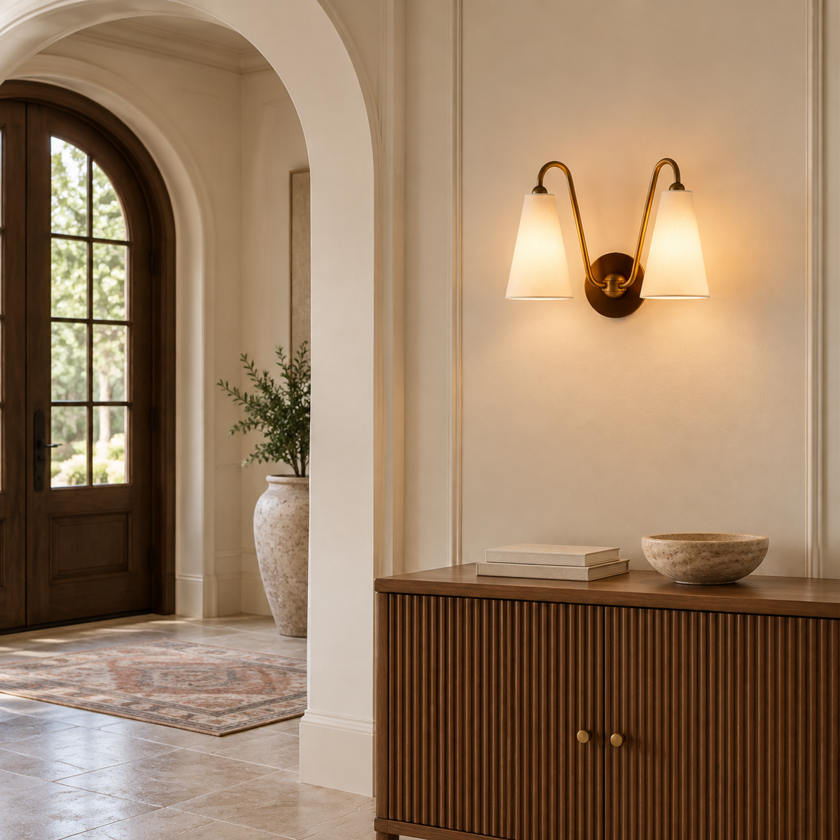 Everton Brass Double Wall Sconce Light, White Linen, medium installed view