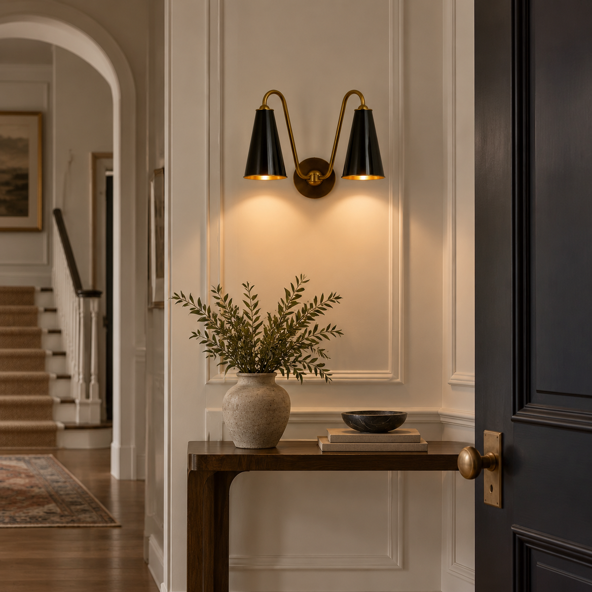 Everton Brass Double Wall Sconce Light, Black Metal, medium installed view