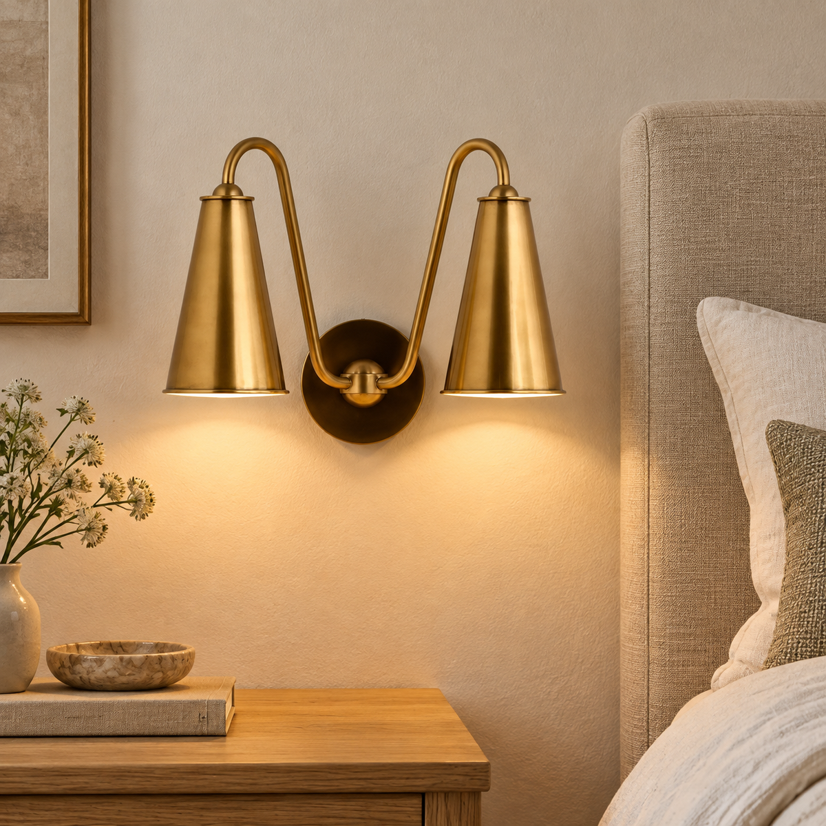 Everton Brass Double Wall Sconce Light, Brass Metal, installed SKU view