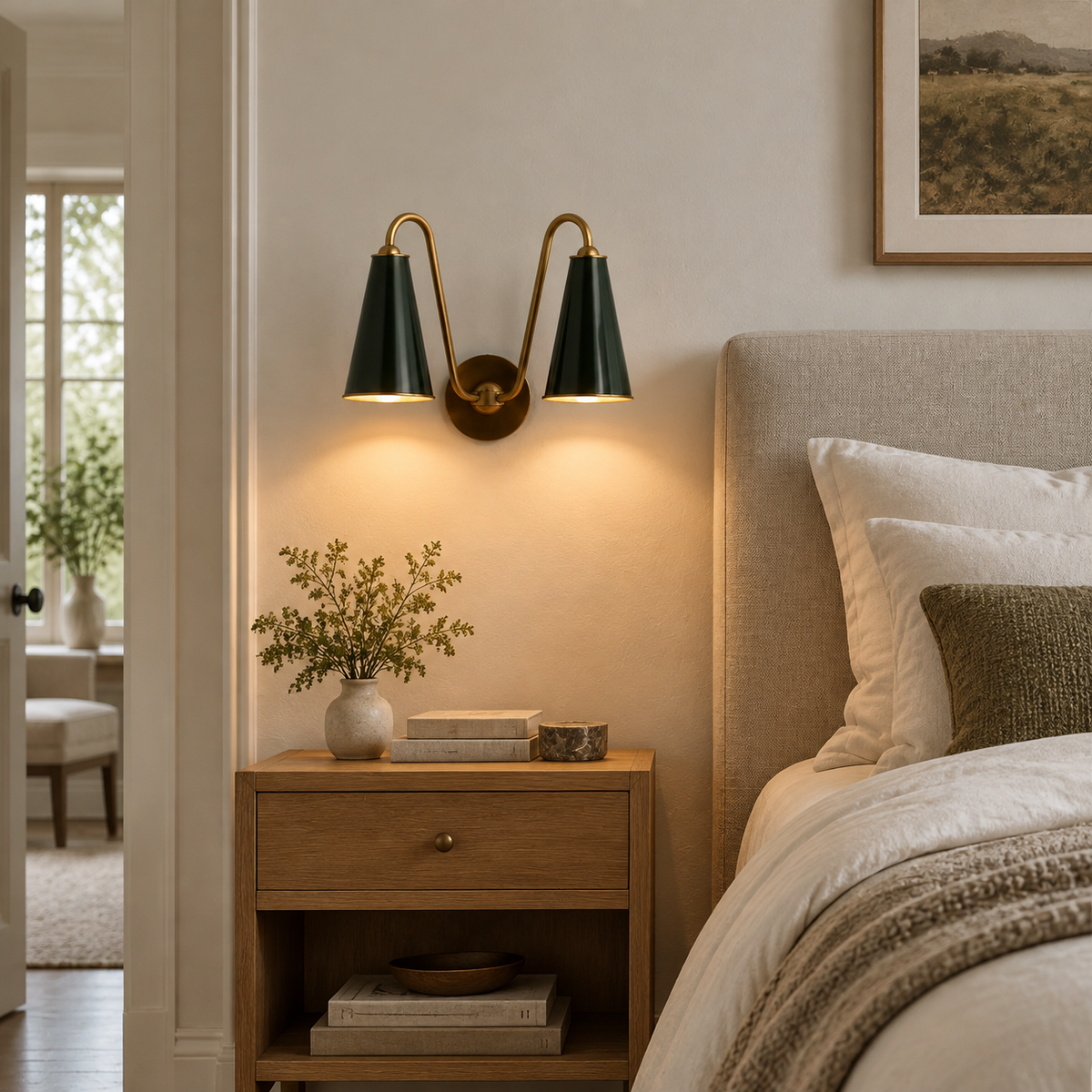 Everton Brass Double Wall Sconce Light, Green Metal, medium installed view