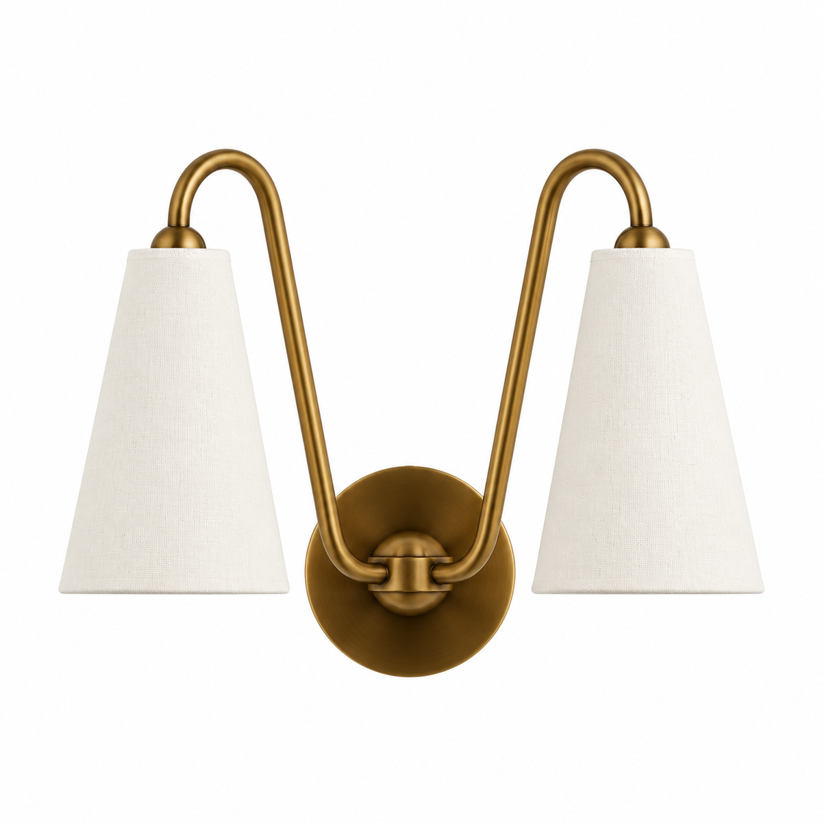 Everton Brass Double Wall Sconce Light, White Linen, white background switched-off view