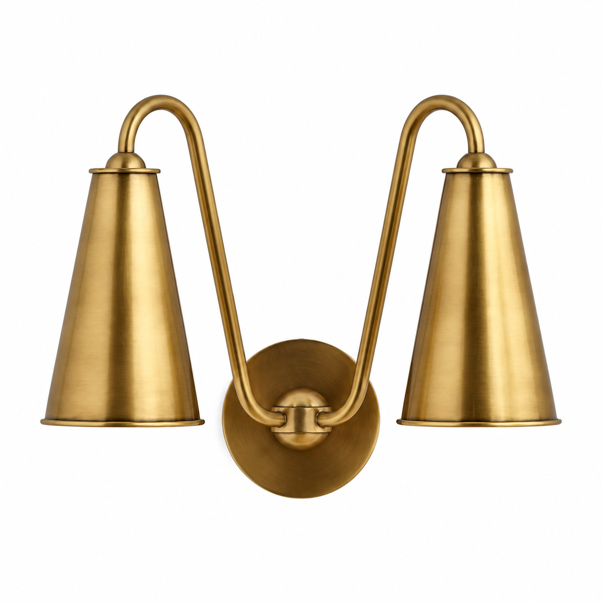 Everton Brass Double Wall Sconce Light, Brass Metal, white background switched-off view
