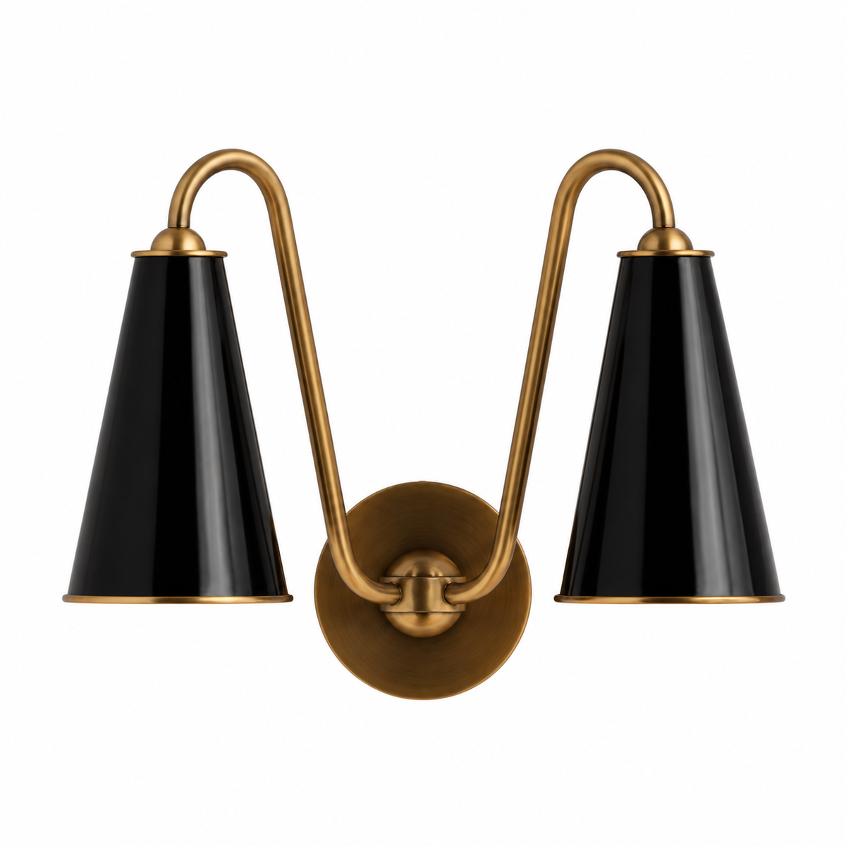 Everton Brass Double Wall Sconce Light, Black Metal, white background switched-off view