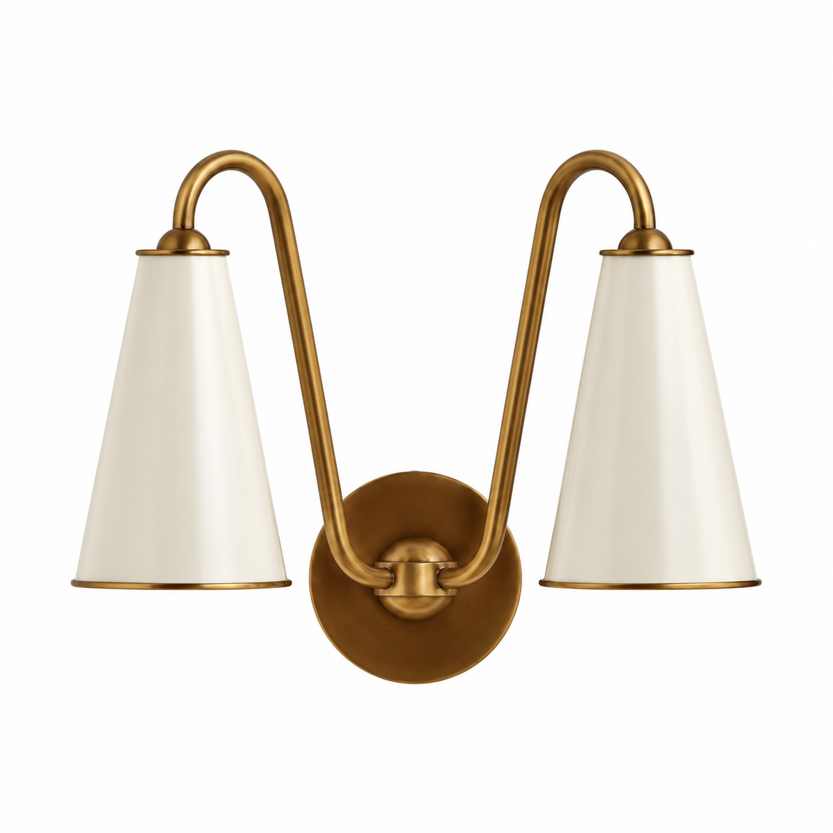 Everton Brass Double Wall Sconce Light, White Metal, white background switched-off view