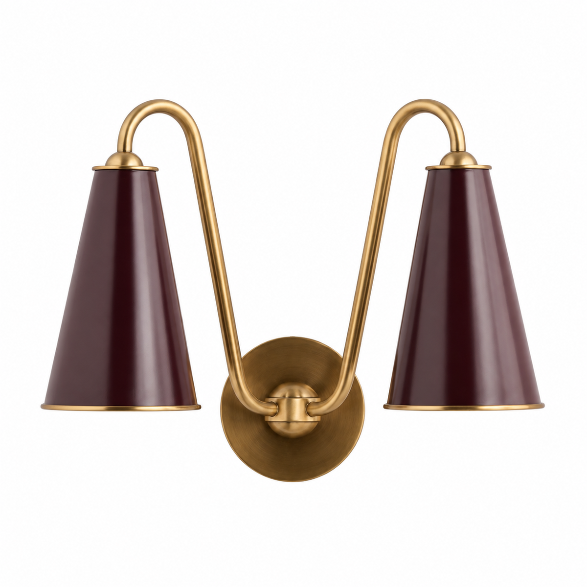 Everton Brass Double Wall Sconce Light, Aubergine Metal, white background switched-off view