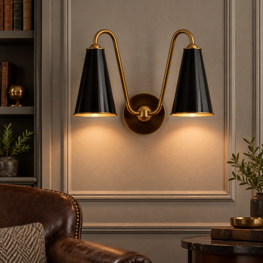 Everton Brass Double Wall Sconce Light, Black Metal, installed SKU view