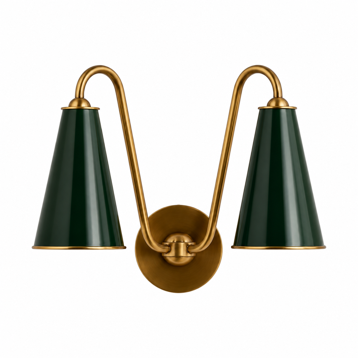 Everton Brass Double Wall Sconce Light, Green Metal, white background switched-off view