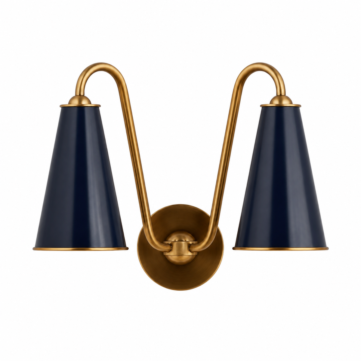 Everton Brass Double Wall Sconce Light, Navy Metal, white background switched-off view