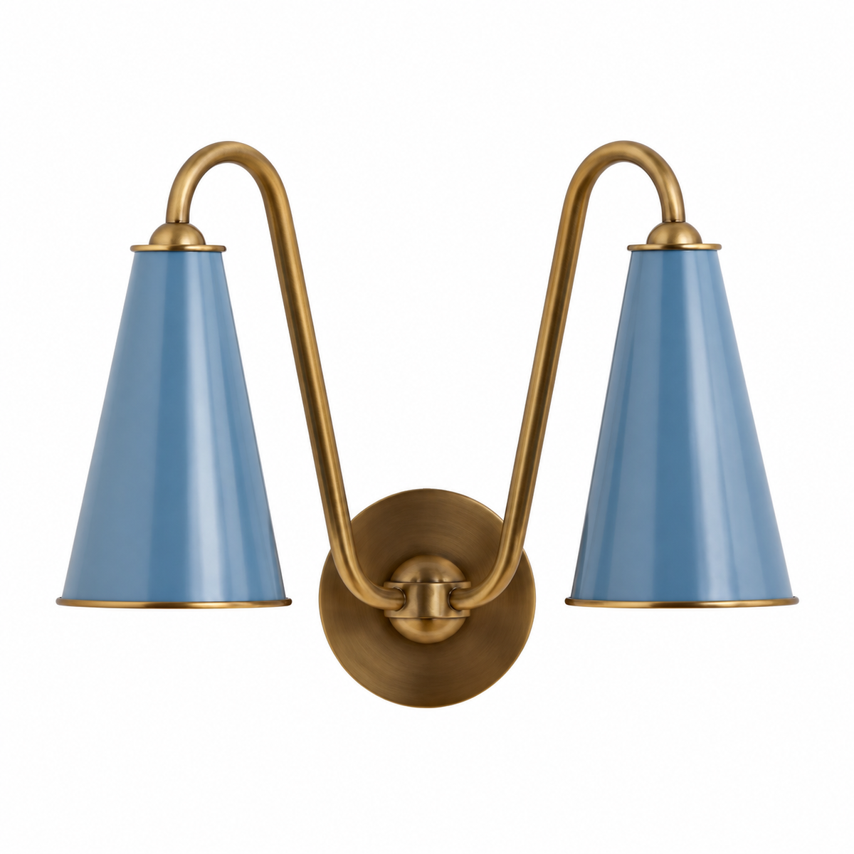 Everton Brass Double Wall Sconce Light, Light Blue Metal, white background switched-off view