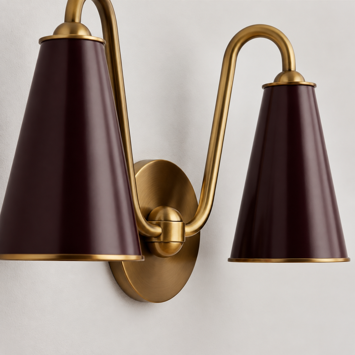 Everton Brass Double Wall Sconce Light, wall plate and twin-arm detail