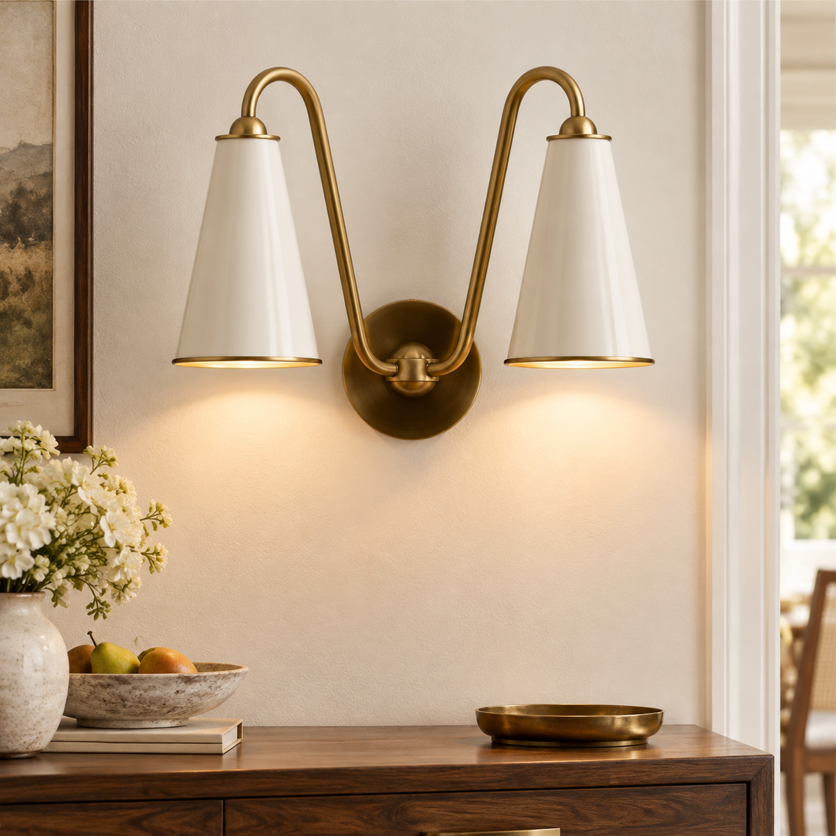 Everton Brass Double Wall Sconce Light, White Metal, installed SKU view