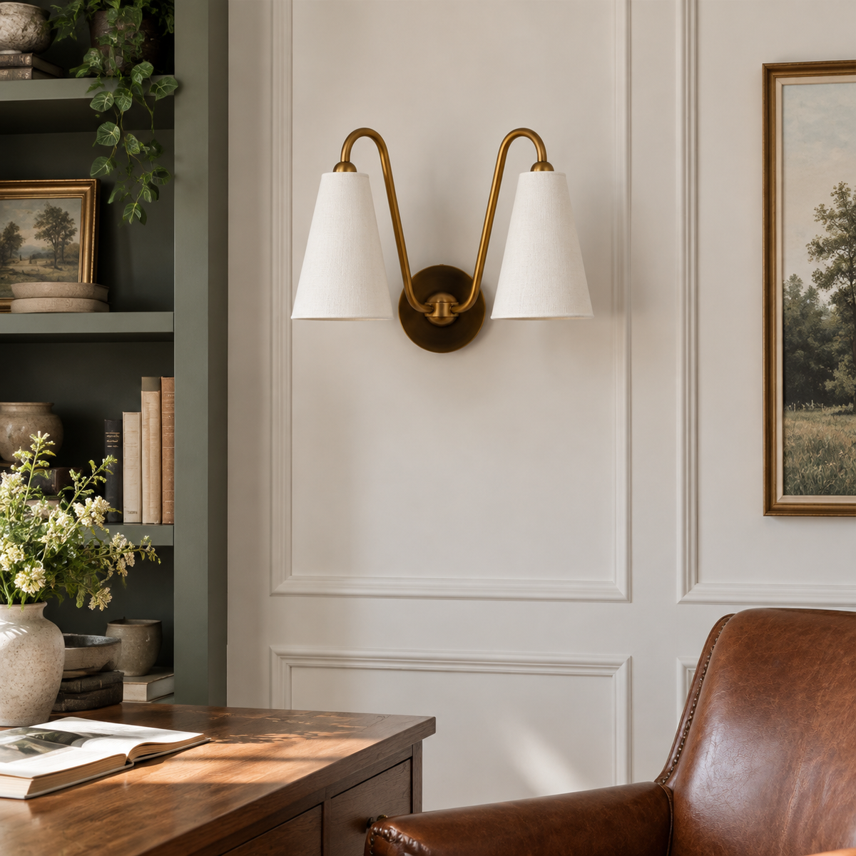 Everton Brass Double Wall Sconce Light, White Linen, close installed view