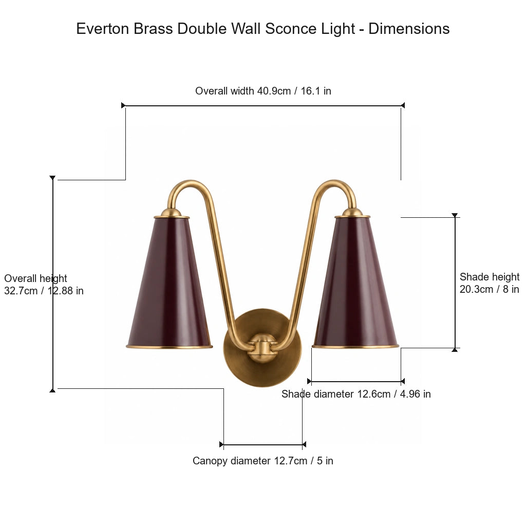 Everton Brass Double Wall Sconce Light, white background dimension diagram